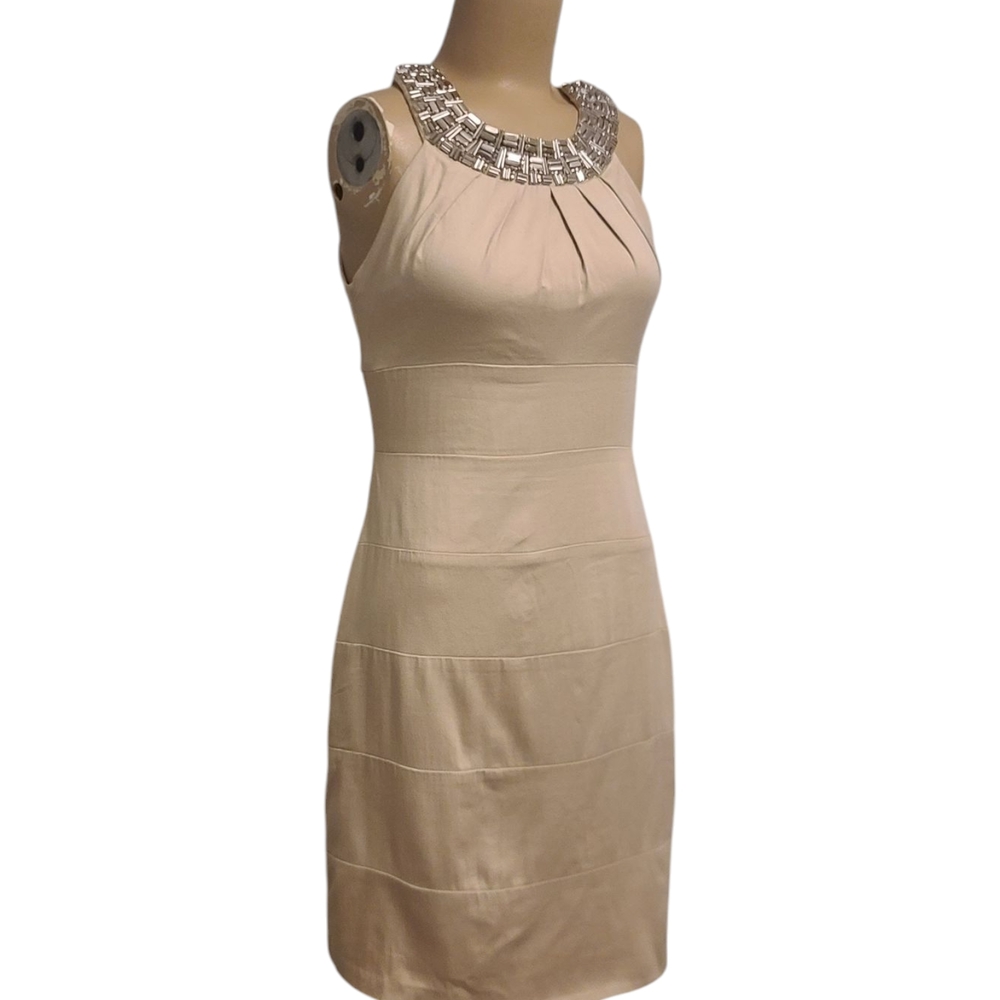Elegant Cream Sleeveless Dress With Rhinestone Detail Around The Scoop Neck